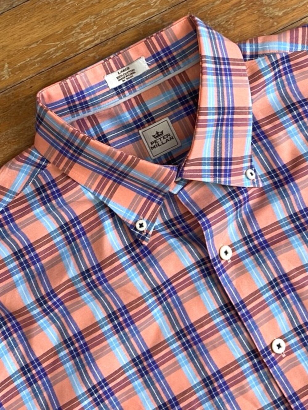 Peter Millar Shirt Size Large Plaid Cotton Button Down Collared Coral Blue